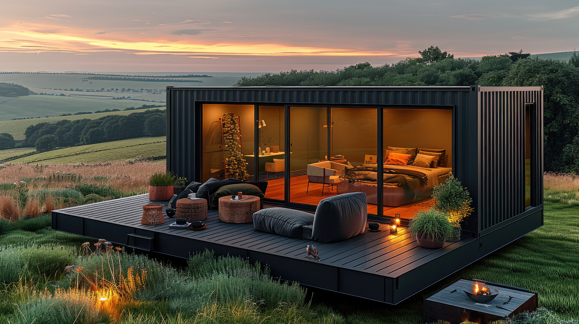 Modern black container home with deck and countryside views at sunset